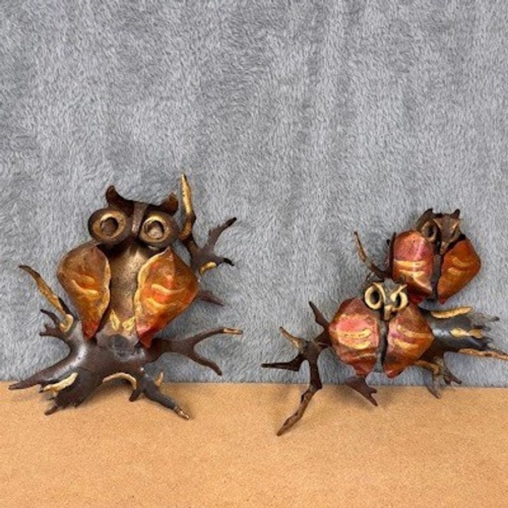 Vintage Brutalist Metal Owl Wall Art Set Copper Brass Mid Century Modern Decor